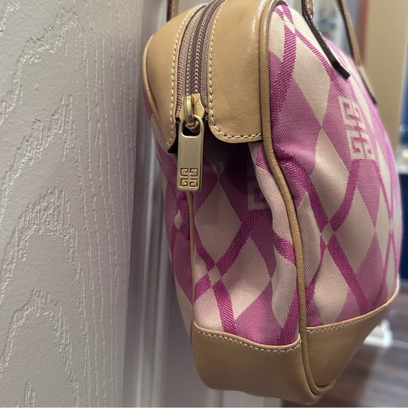 Givenchy EUC Authentic Pink Beige Diamond Pattern Canvas Leather Trim Handbag - Picture 14 of 16